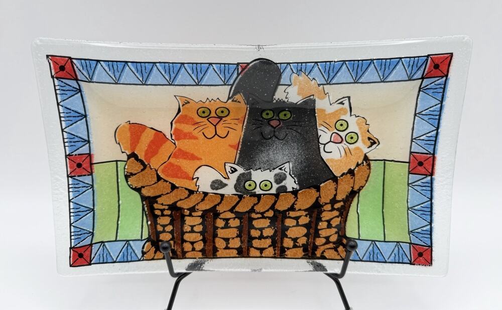 Peggy Karr Fused Glass Basket of Kittens Cats Rectangle Plate 10” x 6” Signed